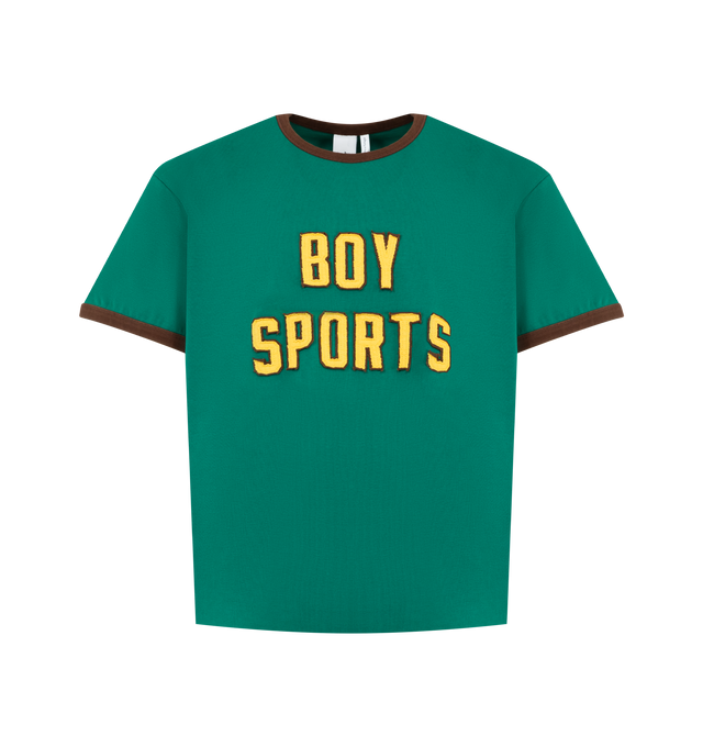 Image 1 of 2 - GREEN - LE PERE MAN-IFIQUE Ringer T-Shirt featuring collegiate, and nostalgic graphic on front, short sleeves, crew neck and contrasting trim. 100% cotton. Made in Portugal.