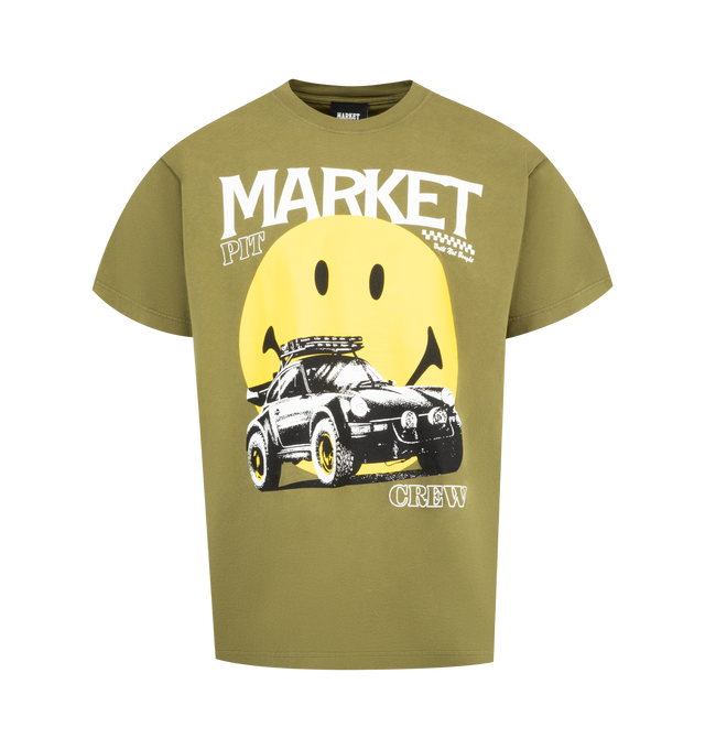 Image 1 of 2 - GREEN - MARKET Smiley All Four T-Shirt featuring crewneck, short sleeves, straight hem and graphic on front. 100% cotton.