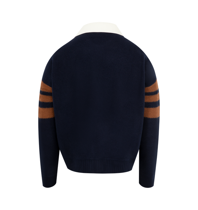 Image 2 of 2 - MULTI - WALES BONNER Calm Polo Sweater featuring a partially buttoned front, polo collar, stripes, ribbed cuffs and hem and long sleeves. 100% wool.