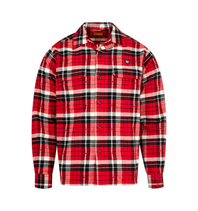 Image 1 of 2 - RED - HUMAN MADE Flannel Check Shirt featuring open-collar flannel shirt with a regular fit, check pattern expressed in jacquard weave, lines with interwoven heart motifs, embroidered brand logo on the back and heart logo patch on the left chest. 100% cotton.