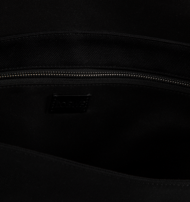 Image 3 of 3 - BLACK - LOEWE Medium Flex Messenger Bag in canvas and suede featuring trapeze-shaped variation on a foldover flap design, suitable for a 13 inch laptop, shoulder or crossbody carry, adjustable LOEWE webbing strap, flap closure with snap buckles, one zipped front pocket, one rear pocket with magnetic closure, one internal zipped pocket, water-resistant nylon lining and embossed Anagram with D-ring. Canvas/suede. 27 cm x 38 cm x 9.5 cm. Made in Portugal.