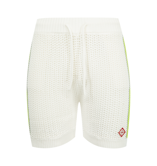 Image 1 of 3 - WHITE - CASABLANCA Stripe Crochet Shorts featuring soft textured design, logo, ribbed elasticised waistband with drawstring fastening, side pockets, contrast stripe detail down the sides and a relaxed silhouette. 100% cotton.