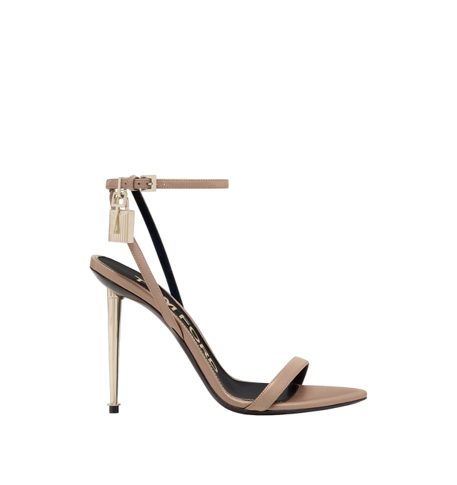 Image 1 of 4 - BROWN - TOM FORD Shiny Kid Pointy Naked Sandal featuring pointy toe shape, signature padlock metal hardware, 105mm metal spike heel, adjustable buckle ankle strap and buckles with engraved logo. Leather.