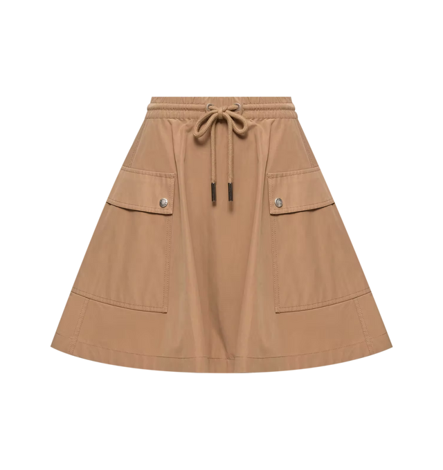 Image 1 of 1 - BROWN - Moncler Women's Cotton Blend A-Line Mini Skirt is crafted from a waxed cotton blend and features a contemporary A-line silhouette inspired by utilitarian workwear. Designed for the elements with an elasticated adjustable drawstring fastening, cargo patch pockets, and a signature Moncler logo patch. Main Material: 51% Polyester, 49% Cotton. Made in Romania.