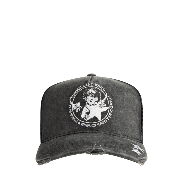 Image 1 of 2 - GREY - NAHMIAS Youth Enrichment Trucker Hat featuring logo graphic on the face, mesh back and adjustable fit. 57% cotton, 43% nylon.