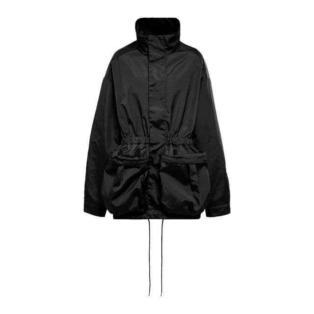 Image 1 of 2 - BLACK - WARDROBE.NYC Short Parka is water repellant with a funnel neck, elastic cinched waist, patch pockets, and zip closure. 100% water repellant nylon.  