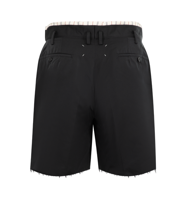 Image 2 of 3 - BLACK - MAISON MARGIELA Tailored shorts featuring exposed interior waistband, front pleats, asymmetrical belt loops and four stitches at the back. 100% polyester. Made in Italy.