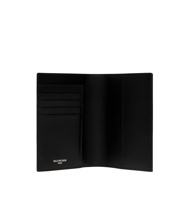 Image 3 of 3 - BLACK - BALENCIAGA Passport Holder featuring prints with all-over logo and inner card holder. 100% calfskin. Made in Italy.