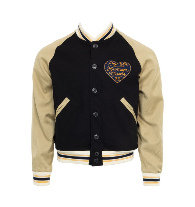 Image 1 of 4 - NAVY - HUMAN MADE Baseball Jacket featuring ribbed collar, cuffs and hem, button front closure, two front pockets and logo on front and back. 100% cotton.  