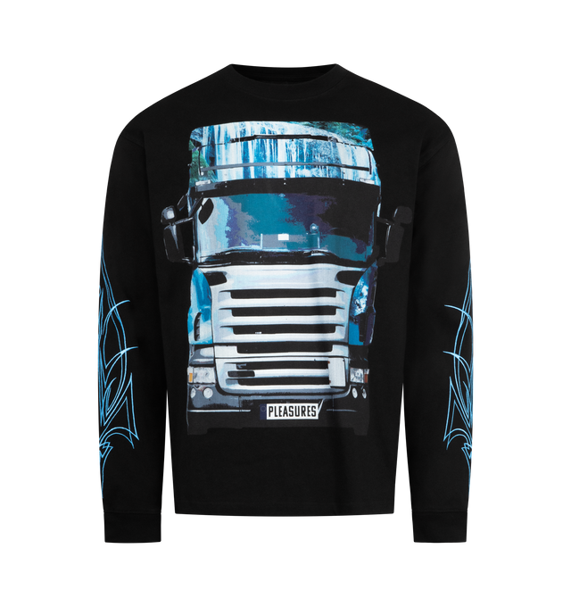 Image 1 of 3 - BLACK - PLEASURES Semi Heavyweight Graphic Long Sleeve Tee featuring crewneck, pullover style, long sleeves, truck graphic prints on front and back and print styling on arms. 100% cotton.