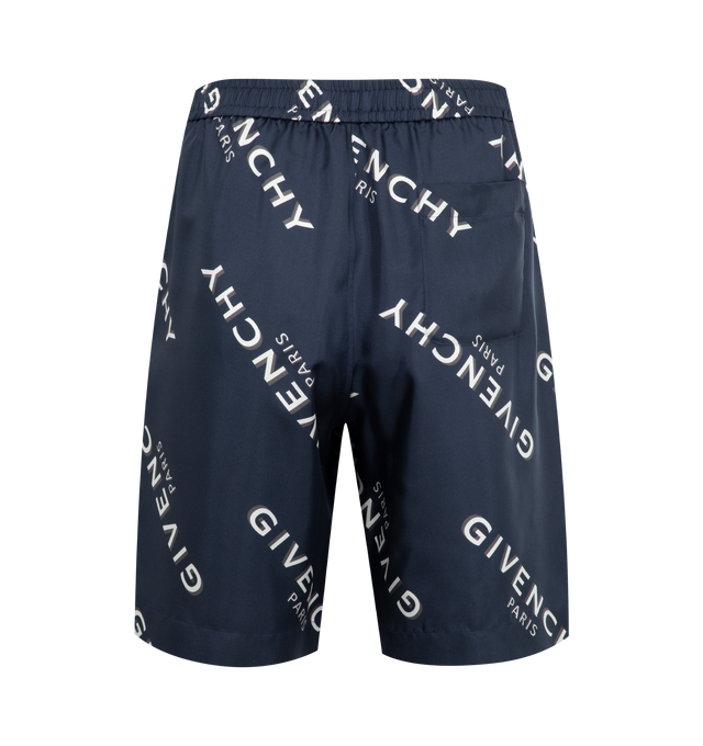 Image 2 of 3 - NAVY - GIVENCHY Bermuda Shorts featuring elastic waist with drawstring, GIVENCHY Shadow printed all-over, two side pockets and one back pocket. 100% silk.