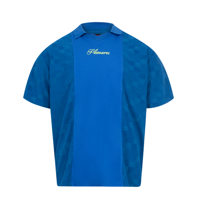 Image 1 of 2 - BLUE - PLEASURES Planets Polo featuring print and embroidery throughout, short sleeves, polo collar and graphic on back. 100% polyester.
