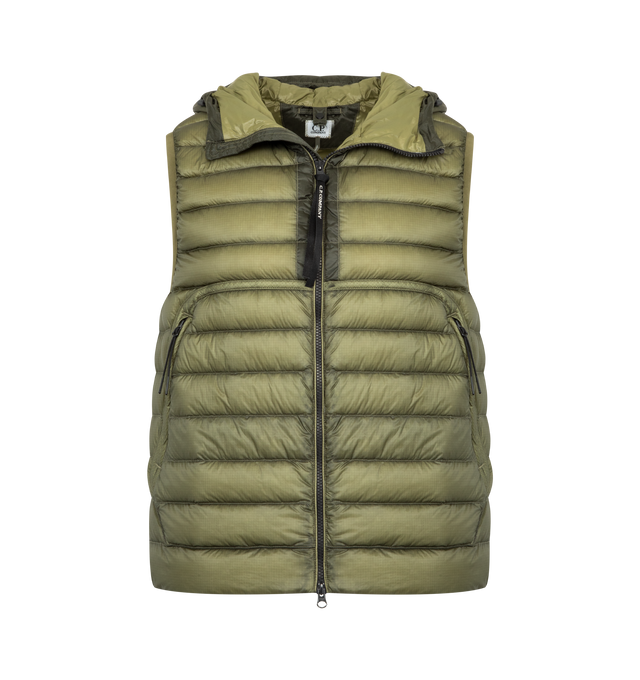 Image 2 of 3 - GREEN - C.P. COMPANY D.D. Shell Goggle Down Gilet featuring adjustable Goggle hood, two-way full zip fastening, side zip pockets, adjustable drawstring hem and regular fit. 100% polyamide/nylon.