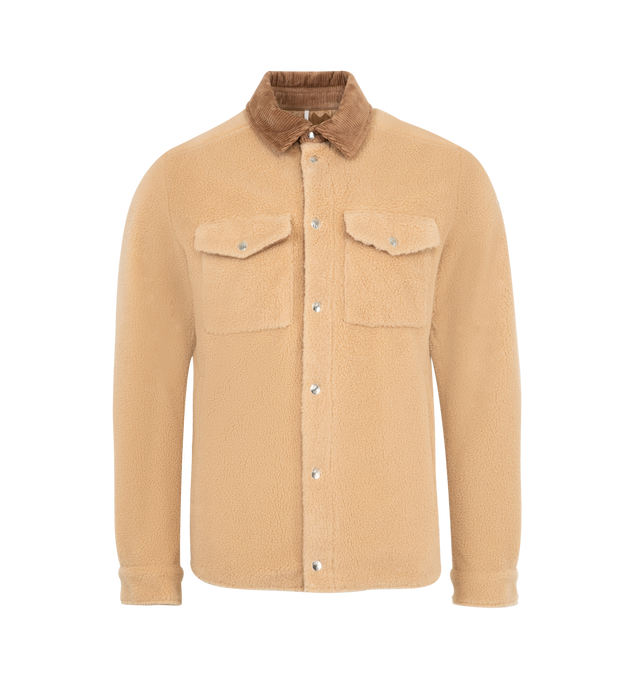 Image 1 of 3 - BROWN - MONCLER Teddy Corduroy-Trimmed Shirt Jacket featuring wool blend teddy fleece, polyester lining, corduroy collar, long sleeves, zipper and snap button closure, pockets with snap button closure and inner zipped pocket. 76% polyester, 24% wool. Lining: 100% polyester. Made in Romania.