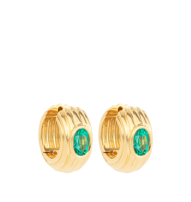 Image 2 of 2 - GOLD - SORELLINA Emerald Earrings featuring 18K yellow gold huggies with .96 ctw white diamond. Hirshleifers offers a range of initial pieces from this collection in-store. For personal consultation and detailed information about jewelry, please contact our dedicated stylist team at personalshopping@hirshleifers.com. This item may be restricted for online purchase to international clients. For assistance purchasing this item please contact our dedicated stylist team at personalshopping@hirshl