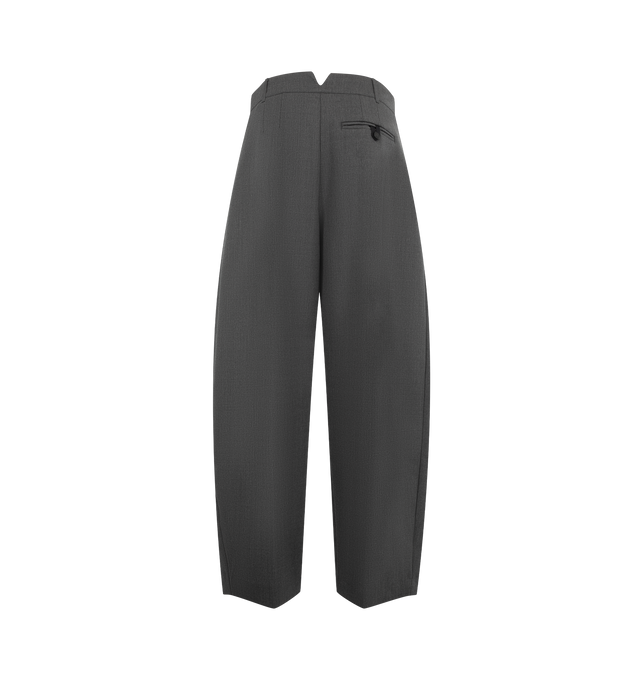 Image 2 of 3 - GREY - Jacquemus Women's The Ovalo Pants are crafted from a stretch wool blend and features a mid-high rise, a wide curved-leg silhouette, and a fully lined construction. Designed with stitched-down pleats, a set-in waistband, and a split-back waistband, these sculptural trousers balance tailored structure with fluid volume. Finished with side-seam pockets, belt loops, a zip fly with hook-and-bar closure, and a welt back pocket accented by a signature "J" belt loop. Main Material: 53% Polye