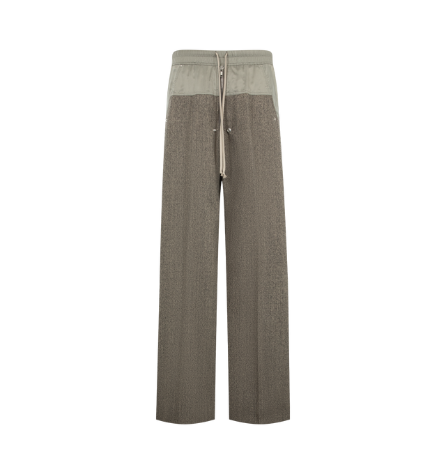 Image 1 of 3 - GREY - Rick Owens FW26 Tower Wide Bela Pants are crafted from a wool material with a cupro upper lining. Feature a full-length wide-leg silhouette, low crotch, elasticized waistband with drawstring, exposed Bela front zip with snap details, side welt pockets with rivet and eyelet accents, and back flap pockets with snap closures. Main Material: 100% Wool; Upper Part: 100% Cupro. Made in Italy.