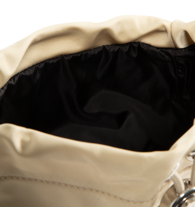 Image 3 of 3 - NEUTRAL - MONCLER Trick Water-Repellent Pouch featuring nylon drill, recycled water-repellent nylon lining, drawstring fastening, detachable wristlet with carabiner and embroidered logo. L 30 cm x H 20 cm x D 13 cm. 52% polyamide/nylon, 48% polyester. Made in Italy.