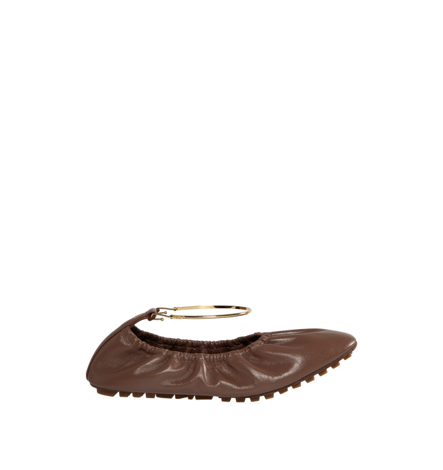 Image 1 of 4 - BROWN - FENDI Filo Ballerina Flats featuring gathered opening, metallic ankle strap, FF embellishment on the heel, suede sole with raised rubber inserts, glossy leather and gold-finish metalware. 100% calf leather. Interior: 100% lamb leather. Made in Italy. 