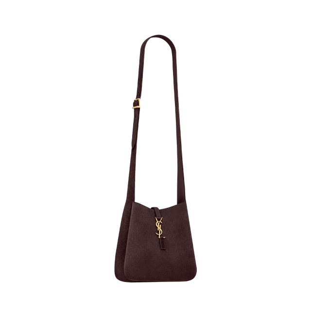 Image 3 of 5 - BROWN - Saint Laurent Women's Le 5 7 Supple Crossbody Bag is crafted from calfskin suede with a tonal suede lining. The spacious silhouette features bronze-tone hardware, a Cassandre hook closure, a removable zip pouch, and an adjustable strap for crossbody carry. Fits a large phone, wallet, sunglasses, and keys. Main Material: Calfskin Leather. Hardware: Brass. Dimensions: 22.5 x 23 x 8.5 cm / 8.9 x 9.1 x 3.3 in. Strap Drop: 50 cm / 19.7 in. Made in Italy.