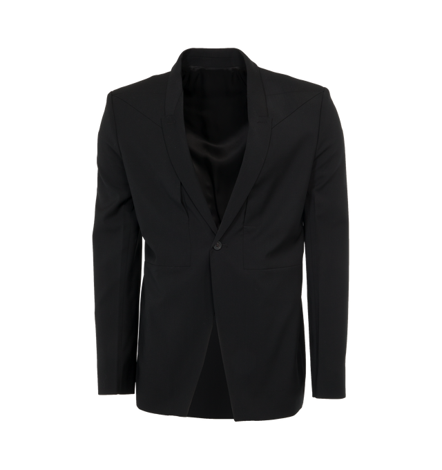 Image 1 of 3 - BLACK - RICK OWENS Fogpocket Soft Soft Blazer featuring peaked lapel, single-button closure, welt pockets, padded shoulders, five-button surgeon's cuffs, darts at back collar, vents at back hem, welt pockets and patch pockets at interior, full poplin and satin lining and buffalo horn hardware. 100% virgin wool. Lining 1: 100% cotton. Lining 2: 53% viscose, 47% cupro. Lining 3: 100% cupro. Made in Italy. 