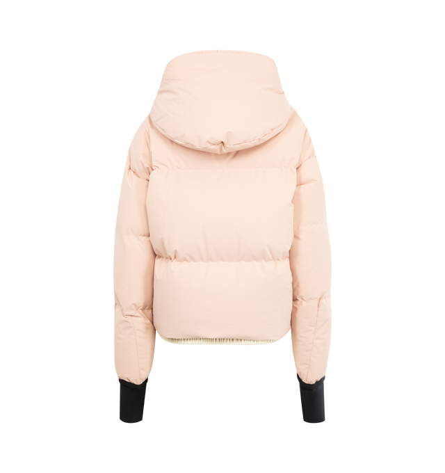 Image 2 of 3 - PINK - MONCLER Allesaz Hooded Down Ski Jacket featuring 2L four-way stretch technical poplin, stretch nylon lining, down-filled, heat-sealed seams, adjustable hood with 2L four-way stretch technical poplin lining, YKK Aquaguard highly water-resistant zipper closure, pockets with YKK Aquaguard highly water-resistant zipper closure, inner media pocket with YKK Aquaguard highly water-resistant zipper closure, inner stretch mesh pocket, ski pass pocket, powder skirt, RECCO reflector, stretch jers