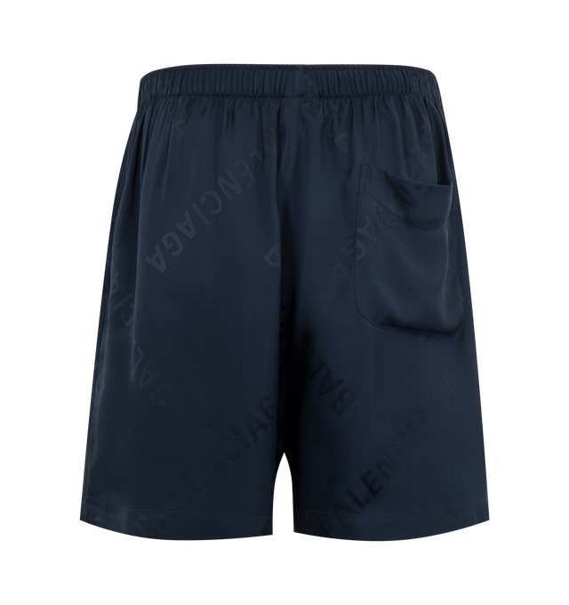 Image 2 of 3 - NAVY - BALENCIAGA Pyjama Shorts featuring elastic waist, back patch pocket and logo throughout. 100% viscose.