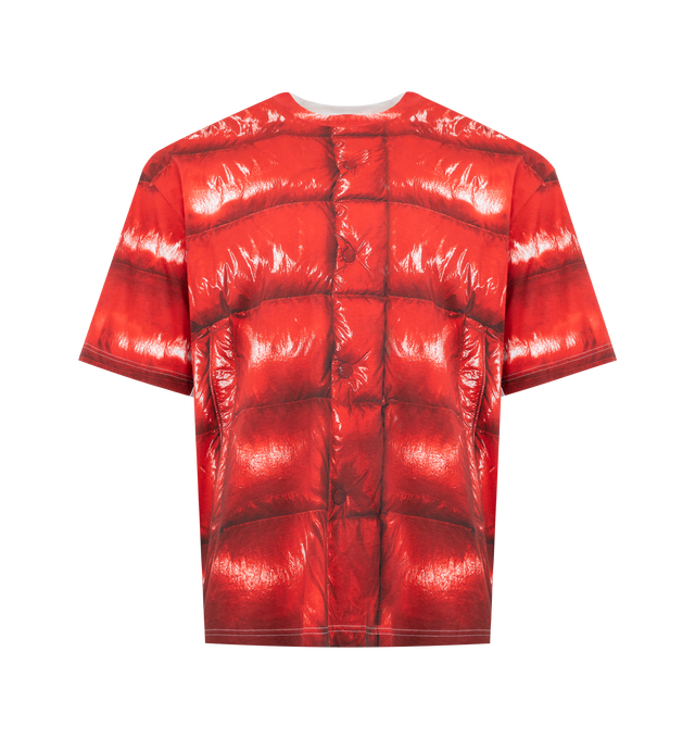 Image 1 of 3 - RED - Moncler x A$AP Rocky Cotton T-Shirt featuring cotton jersey, crew neck, short sleeves, printed pattern, logo patch and oversized fit. 100% cotton.