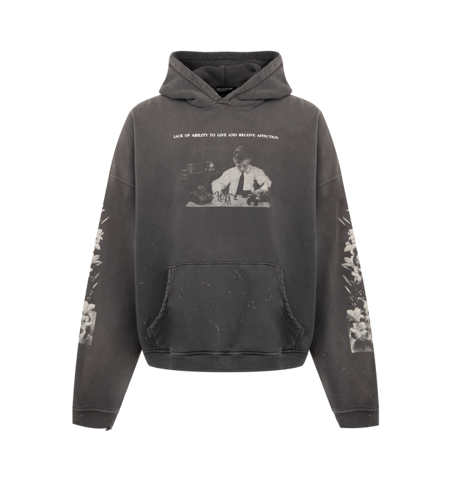 Image 1 of 3 - BLACK - Enfants Riches Deprimes Head Against The Bars hooded sweatshirt crafted from heavyweight brushed French terry. Featuring a boxy drop-shoulder fit, double-layer hood, rib knit cuffs and waist, vintage wash process and distressing throughout, and printed artwork at the front and back. Made in USA.