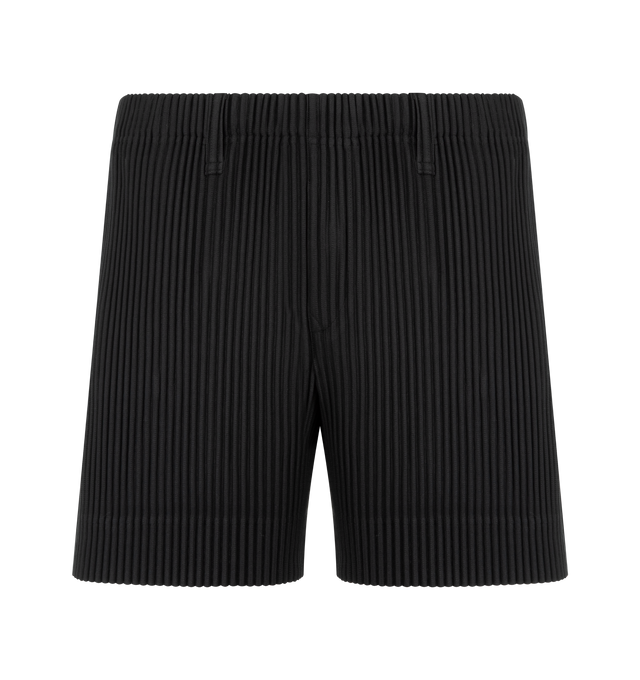 Image 1 of 3 - BLACK - Issey Miyake Men's shorts designed for portability and lightweight comfort, with the quick-drying properties unique to polyester. Featuring elastic waist with belt loops, pockets on both sides and button-fly design. 100% Polyester. Made in The Philippines.