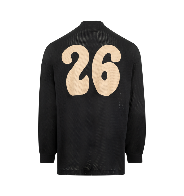 Image 2 of 2 - BLACK - Fear of God Essentials Mens Sport Mesh Merch Long Sleeve Tee is crafted from cotton sport mesh. Features a boxy relaxed fit, ribbed crew neckline, dropped shoulders, ribbed cuffs, enzyme-washed finish, crackle-printed All Valley Essentials graphic at the front, crackle-printed "26" graphic at the back, and an Essentials signature label at the back collar. Main Material: 100% Cotton Sport Mesh.