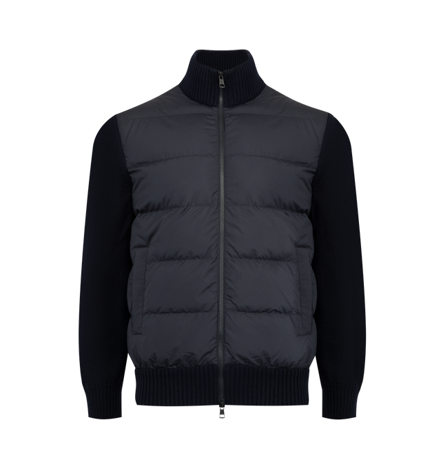 Image 1 of 3 - BLUE - MONCLER Padded Wool Zip-Up Cardigan featuring down-filled and padded polyester front, gauge 7, zipper closure, pockets with snap button closure and logo patch. 100% polyester. 100% virgin wool. Padding: 90% down, 10% feather. Made in Moldova.