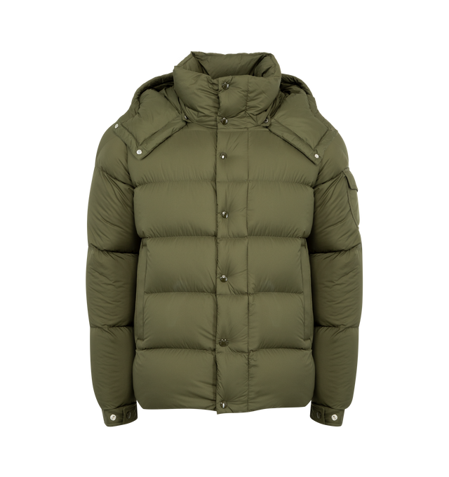 Image 2 of 5 - GREEN - MONCLER Vezere Short Down Jacket featuring recycled longue saison, nylon lger brillant lining, down-filled, detachable and adjustable hood, zipper and snap button closure, zipped pockets, patch pocket on the sleeve, adjustable cuffs and hem with drawstring fastening. 100% polyamide/nylon. Padding: 90% down, 10% feather.