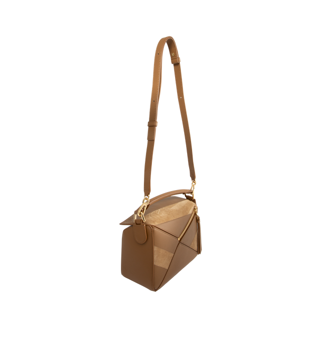 Image 2 of 3 - BROWN - LOEWE Small Puzzle Bag in classic calfskin and suede featuring distinctive geometric lines and cuboid form, intarsio stripes in a colourway-specific pattern, shoulder, crossbody or hand carry, detachable and adjustable strap, zip closure with calfskin pull, one external zip rear pocket, one internal slip pocket, suede lining and embossed Anagram. Classic Calf/Suede. 16.5 cm x 24 cm x 10.5 cm. Made in Spain.