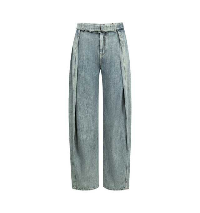 Image 1 of 5 - BLUE - Loewe Jeans in lightweight cotton blend denim featuring an adjustable self belt and pleats at the front. Regular fit, regular length, Mid waist, straight leg with concealed zip fly, slash pockets, rear patch pockets and LOEWE engraved D-ring, LOEWE embossed leather patch placed at the back. Made in Italy.