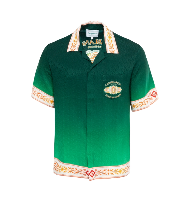 Image 1 of 2 - GREEN - CASABLANCA Cuban Collar Shirt featuring print throughout, notched collar, concealed button placket, chest patch pocket, short sleeves and straight hem. 100% silk. Made in Italy. 