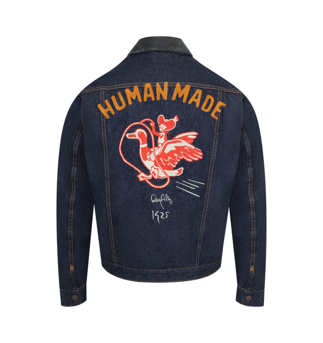 Image 2 of 3 - BLUE - HUMAN MADE Zip Up Denim Work Jacket featuring zipper closure, corduroy transition at the collar, chain embroidery graphics on the front and back, heart stitching on the width of the fastener, logo-engraved chin button is placed at the neck, and logo-engraved snap buttons on the cuffs. 100% cotton.
