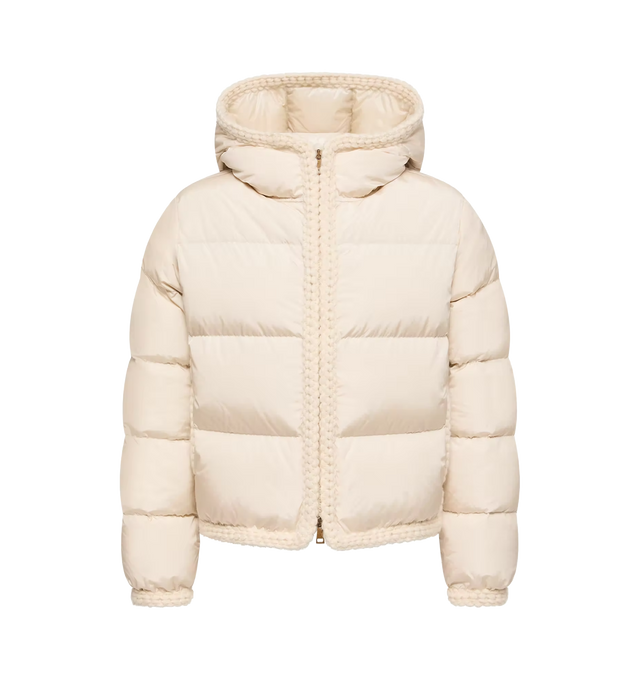 Image 1 of 1 - CREAM - Moncler Women's Evocateur Hooded Short Down Jacket is crafted from water-repellent technical nylon and features a regular-fit short silhouette, a down-filled construction, and an attached hood. Designed with plush knit trims that soften its technical aesthetic, this versatile cold-weather style is finished with a front zip closure, side pockets, and a signature logo patch. Main Material: 100% Polyamide / Nylon. Lining: 100% Polyester. Hood Lining: 100% Polyester. Padding: 90% Down, 10