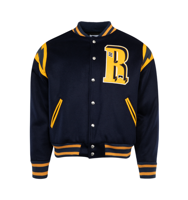 Image 1 of 2 - NAVY - RHUDE American Spirit Lightning Bomber Jacket featuring stripes at rib knit stand collar, cuffs, and hem, button closure, welt pockets, patch at chest and graphic on back. 90% wool, 10% nylon.  
