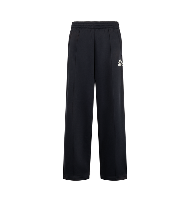 Image 1 of 4 - NAVY - Carhartt WIP Men's Bolon Sweat Pant is crafted from midweight polycotton interlock and features a loose fit, adjustable elasticated waistband, embroidered graphic lettering, and zip openings at the leg hems. Designed for everyday comfort and utility, it is finished with zip welt pockets at the sides and a zip back pocket. Main Material: 64% Polyester, 36% Cotton Interlock.