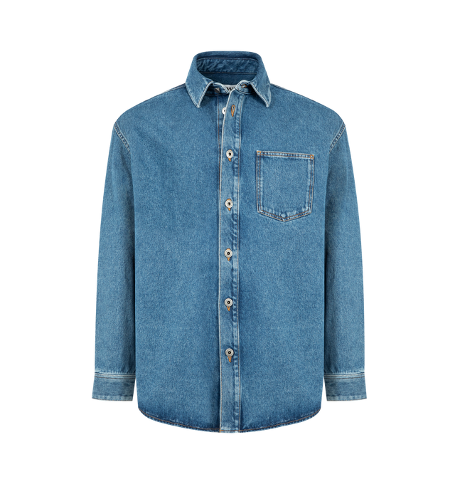 Image 1 of 2 - BLUE - LOEWE Anagram Overshirt in medium-weight cotton denim featuring an Anagram embroidery at the elbows, relaxed fit, regular length, classic collar, button front fastening and buttoned cuffs. Cotton. Made in Italy.