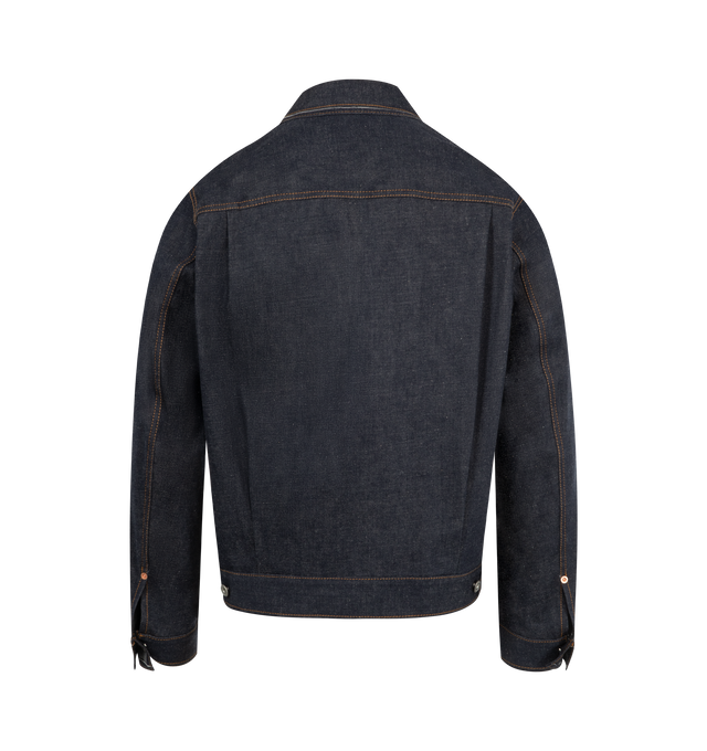 Image 2 of 3 - BLUE - SACAI Denim Jacket featuring spread collar, button closure, pleats at front, flap pockets, single-button barrel cuffs, twin pleats at back yoke and contrast stitching in tan. 100% cotton. Made in Japan.
