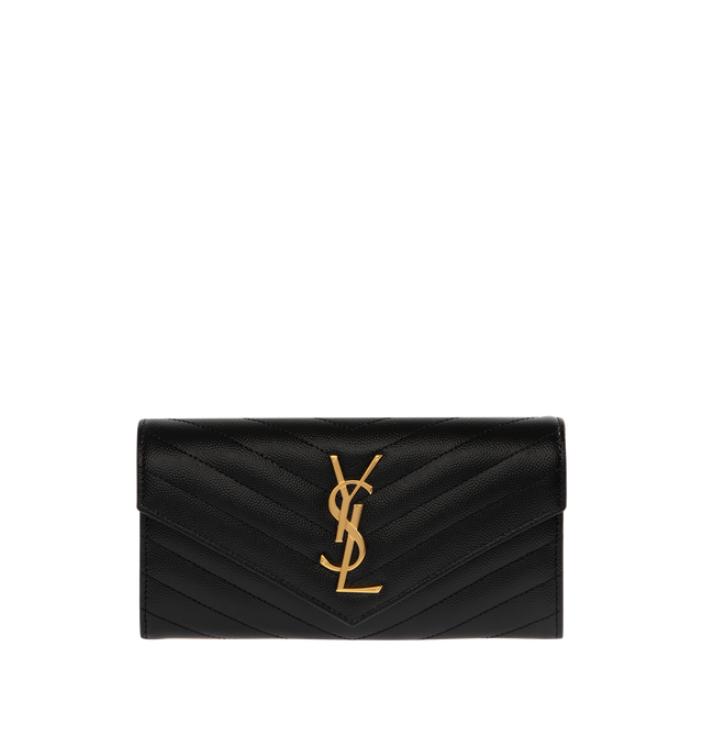 Image 1 of 3 - BLACK - SAINT LAURENT Large Wallet featuring large flap wallet made with metal-free tanned leather, cassandre on front, gold-toned metal hardware, snap button fastening, twelve card slots, one coin pocket, two bill compartments, two receipt compartments and quilted overstitching. 7.4 x 4.3 x 1.1 inches. Calfskin. Made in Italy.