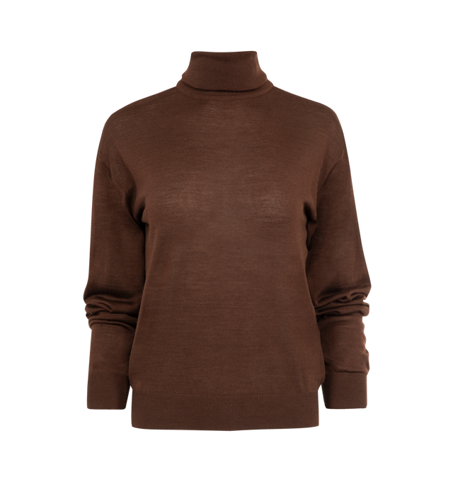Image 1 of 2 - BROWN - SAINT LAURENT Turtleneck Sweater in cashmere, wool and silk featuring drop shoulders, ribbed trims and turtleneck. 35% cashmere, 35% wool, 30% silk. Made in Italy.