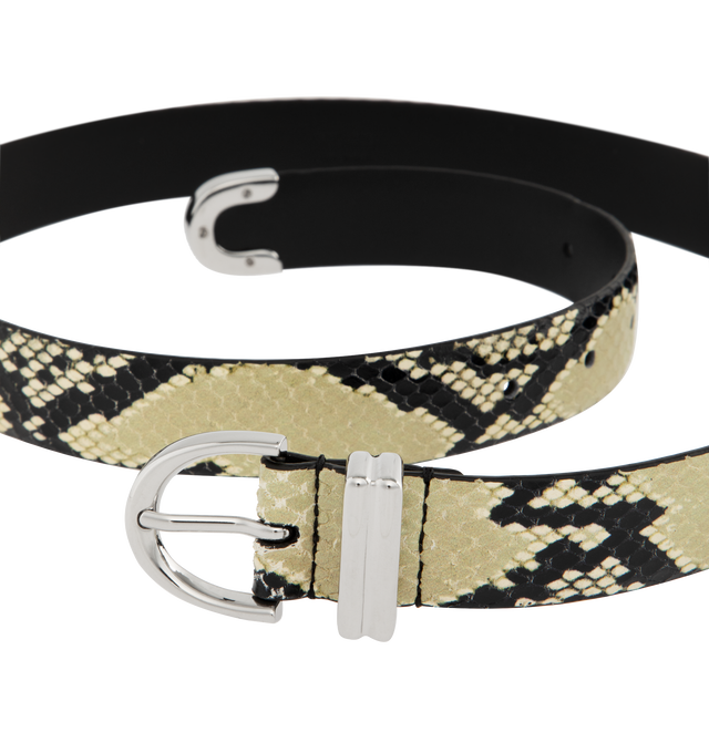 Image 2 of 2 - NEUTRAL - KHAITE Bambi Skinny Belt featuring snake print, punch hole detailing, a silver buckle, rounded tip and embossed logo on the inner. 100% calfskin. Made in Italy.