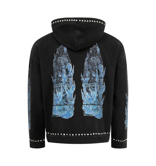 Image 2 of 2 - BLACK - WHO DECIDES WAR Flame Glass Hooded Pullover featuring boxy, slightly cropped fit, distressed detailing, screenrprinted graphics on front, back, and sleeves and metal stud accents. 100% cotton.