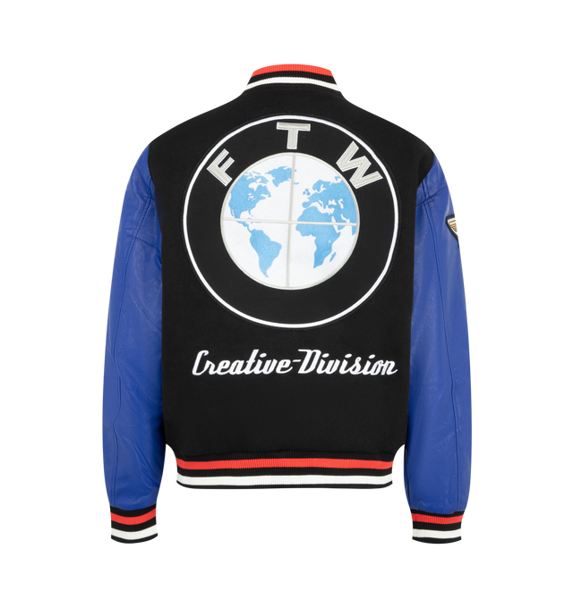 Image 2 of 4 - MULTI - Market Men's Sponsorship Varsity Jacket is crafted from premium materials and features a classic varsity silhouette with a snap-button front, ribbed striped trims, side pockets, and embroidered Sponsorship-inspired graphics throughout. This designer varsity jacket combines vintage athletic influences with Market's signature playful streetwear aesthetic, creating a standout layering piece for everyday wear. Premium Fabric Blend. Shell: 50% Polyester; 50% Wool; Sleeves: Synthetic Leathe