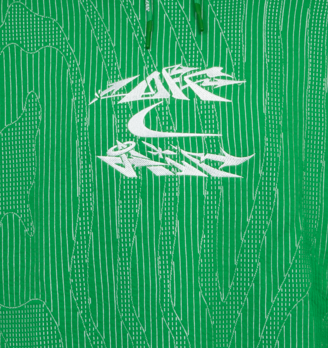 Image 3 of 4 - GREEN - NIKE X OFF-WHITE ENGINEERED HOODIE features a heavyweight jacquard-knit that is breathable and warm with bungee adjusters on the hood and bold co-branded graphics that elevate the finish on the front.  