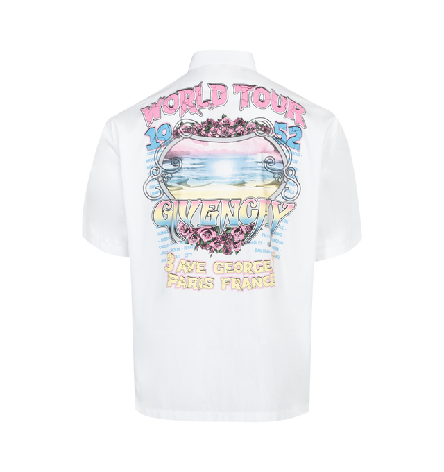 Image 2 of 3 - WHITE - GIVENCHY Summer Tour Printed Shirt featuring spread collar, button closure, logo graphic printed at chest, patch pocket and graphic printed at back. 100% cotton. Made in Portugal. 