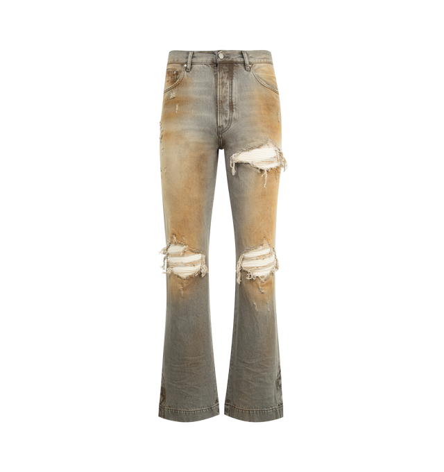 Image 1 of 3 - BROWN - AMIRI MX1 Straight Flare Jean featuring button fly closure, 5-pocket styling and midweight rigid denim with intentional distressing. 100% cotton. Made in Italy.